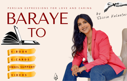 Shirin Kalantar with the Barāye To e-book, sitting with the book cover and chapter list, introducing the story behind creating Barāye To and her Persian teaching journey.