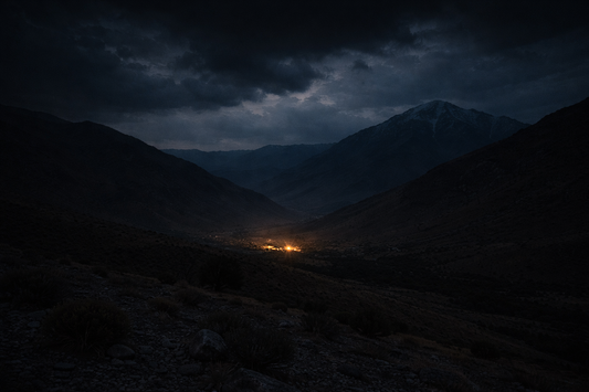 Night landscape of Iran showing a remote mountain valley during a national internet blackout, symbolizing resilience and quiet strength.