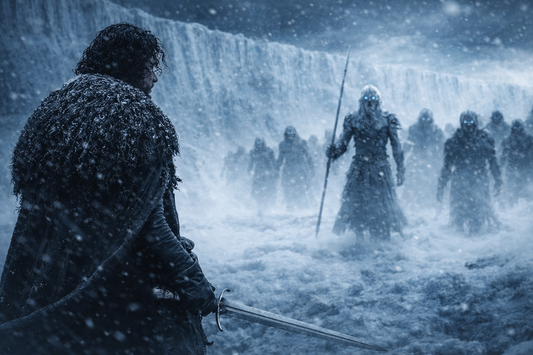 Jon Snow facing the White Walkers beyond the Wall in Game of Thrones, representing a clear warning dismissed by political leaders