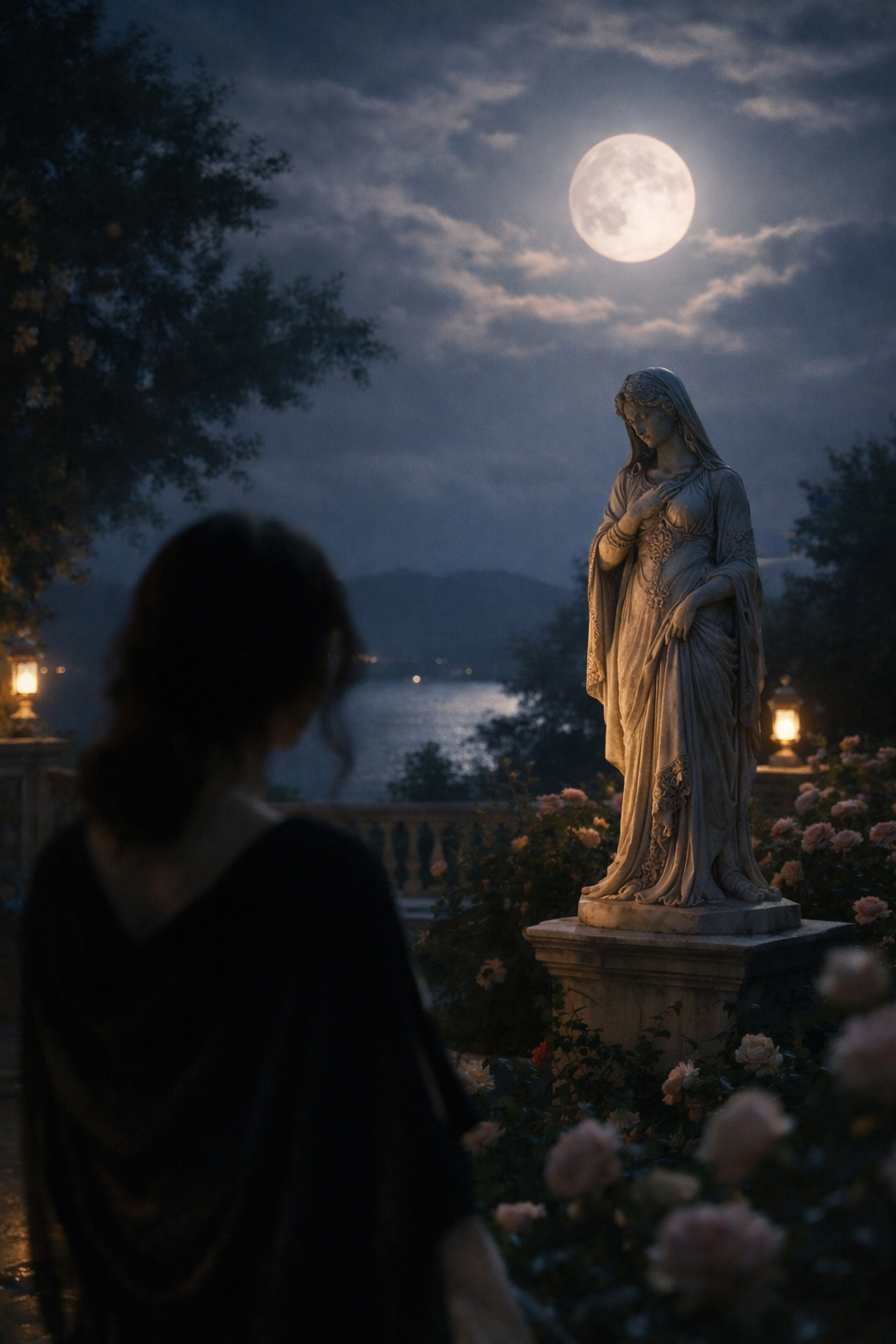 Moonlit garden scene with a Persian-inspired female statue, symbolizing imagined love and devotion in a song by Marzieh