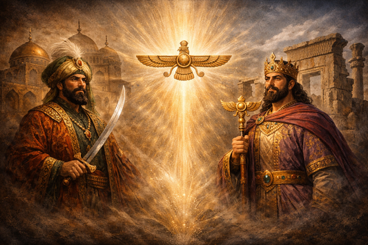Illustration contrasting a Shah and a Sultan in Iranian history, symbolizing different sources of political legitimacy and the concept of farreh