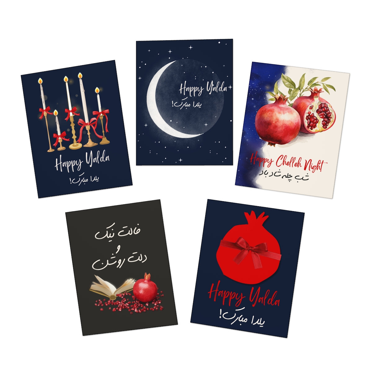 🌙 Yalda Greeting Cards (5-Pack) — Persian & English | Dual-Language Holiday Cards