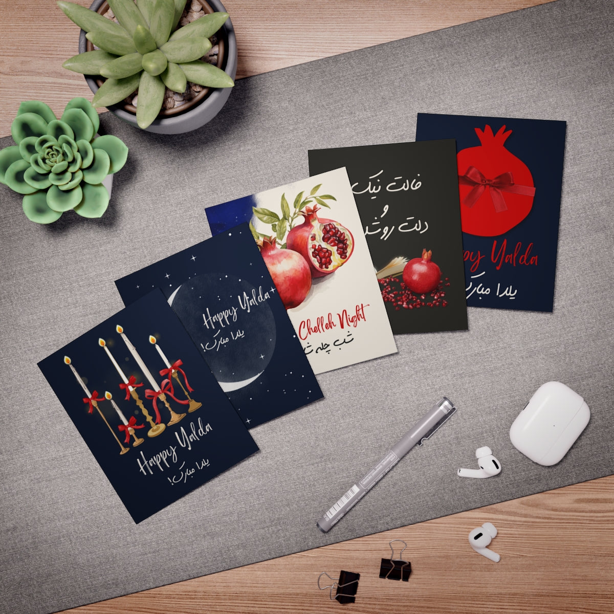 🌙 Yalda Greeting Cards (5-Pack) — Persian & English | Dual-Language Holiday Cards